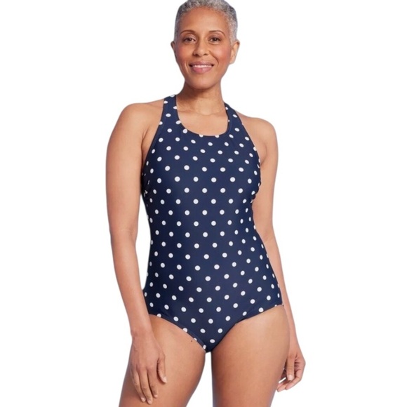 Lands End Swimsuit Navy Blue Polka Dot One Piece Medium - Picture 1 of 10